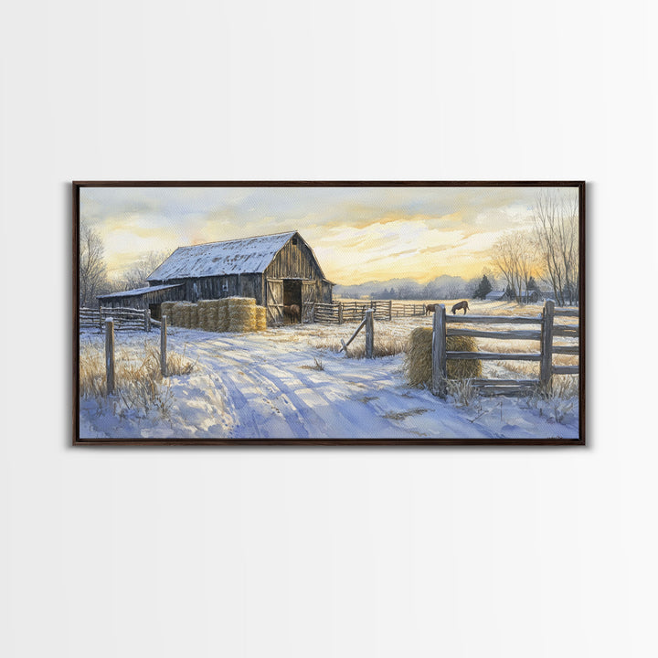 Snowy Barn Horses Canvas Print Winter Landscape Art Farmhouse Christmas Wall Art Framed Canvas Print Rustic Christmas Outdoor Decor