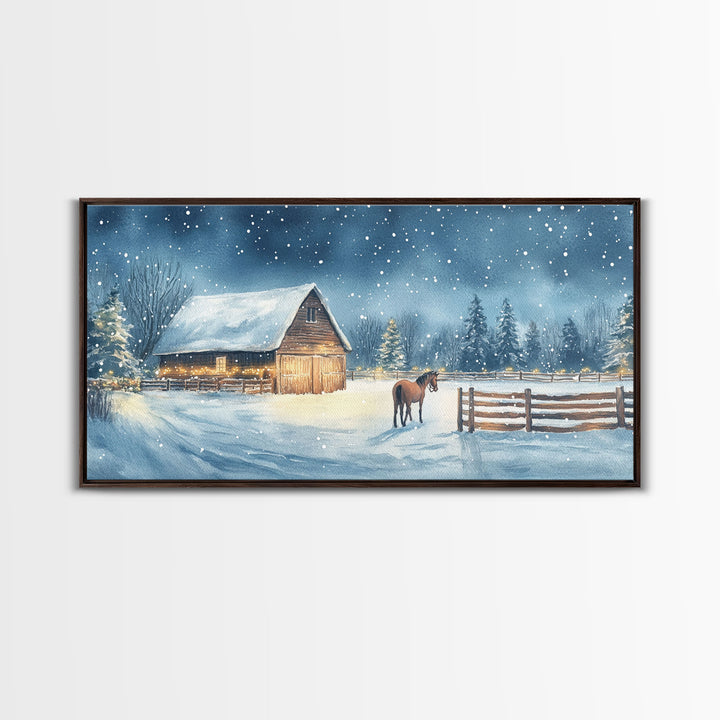 Snowy Horse Barn Canvas Print Christmas Farmhouse Decor Winter Wonderland Art Framed Canvas Print Christmas Outdoor Wall Art