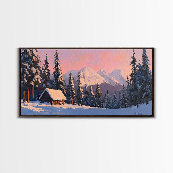 Snowy Mountain Cabin Tall Art Framed Canvas Print Cozy Winter Cabin Nestled In Snowy Forest With Majestic Mountain Landscape