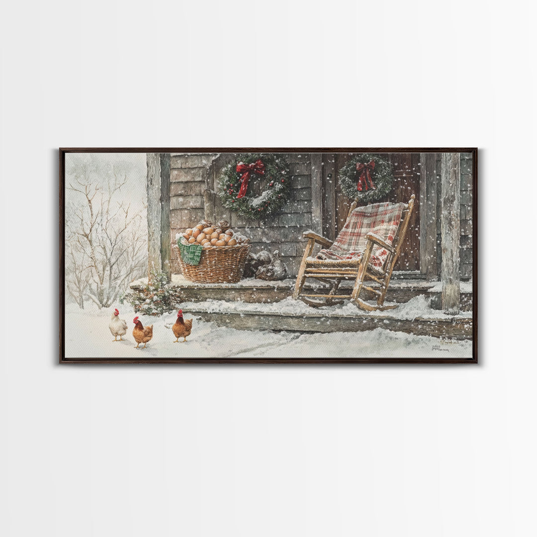 Winter porch with Christmas wreath, rustic farmhouse holiday art, Christmas decor print, winter art, canvas print, vintage Christmas decor