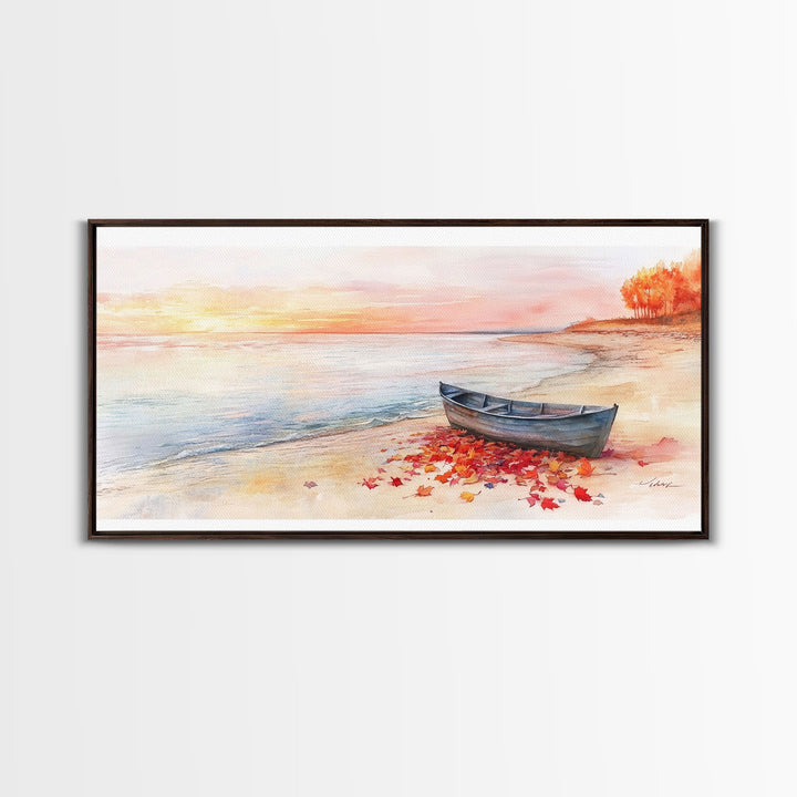 Autumn beach landscape art, fall sunset wall art, coastal boat decor, beach fall home decor, seasonal wall art gift, framed canvas print