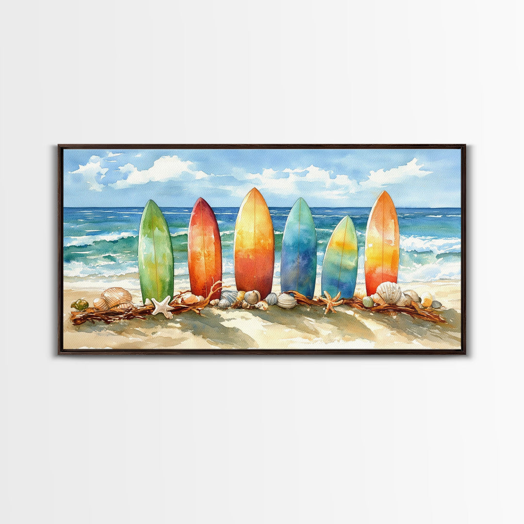 Colorful surfboards Christmas wall art, beach holiday decor, coastal Christmas art, framed canvas print, tropical Christmas art gift