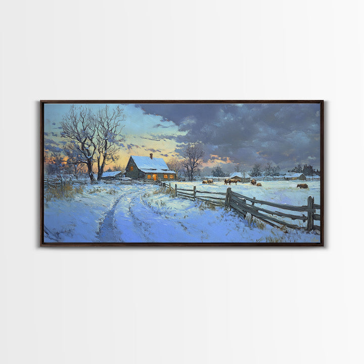 Beautiful Winter Snowy Farm Framed Canvas Print Rustic Christmas Decor, Christmas Wall Art and Holiday Art Prints, Gift Home Decor