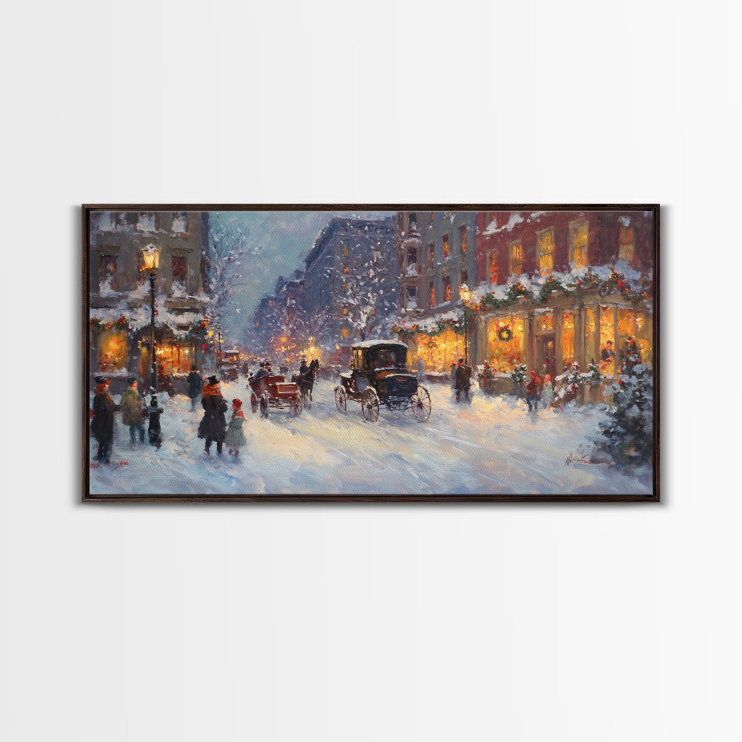 Victorian Christmas Market Tall Art Framed Canvas Print Winter Street Scene With Holiday Decorations And Horse-Drawn Carriages In Snow