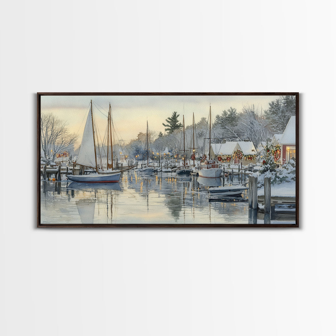 Snowy Boats at a Festive Pier Scene, Framed Canvas Print, Coastal Christmas Decor, Art, Winter Wonderland, Nautical Christmas Wall Print