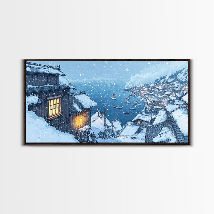 Snowy Village by the Sea, Framed Canvas Print, Nautical Christmas Art, Winter Wonderland, Coastal Christmas Decor, Holiday Wall Print