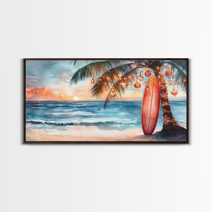 Tropical Palm Tree with Christmas Ornaments at Sunset, Framed Canvas Print, Beach Art, Tropical Christmas Decor, Coastal Holiday Wall Art