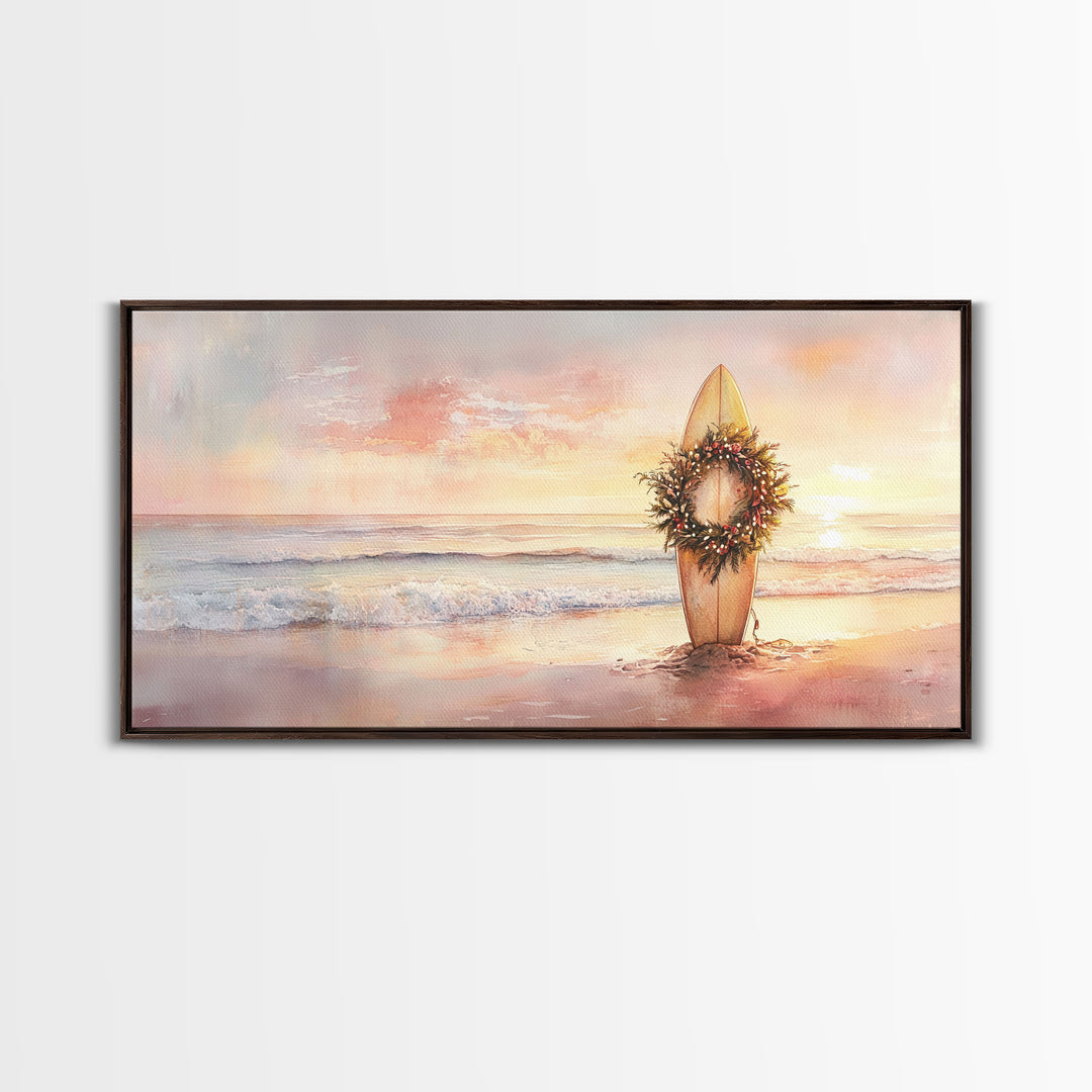 Tropical Beach Sunset Surfboard Wreath Canvas Print | Coastal Christmas Art Gift | Beach Christmas Decor | 2024 Christmas Home Wall Art