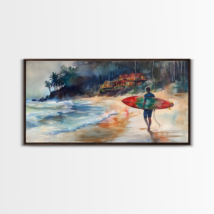 Surfer at Coastal Christmas House Canvas Print | Tropical Christmas Wall Art | Beach House Holiday Decor | 2024 Coastal Christmas Art Gift