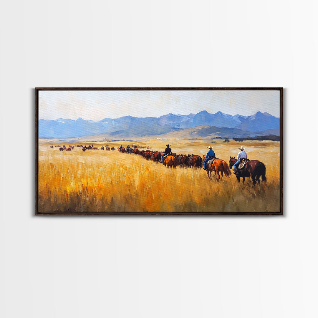 Cowboys Framed Canvas Print Western Country Horse Ride Scenic Art Large Landscape Wall Decor Ideal Holiday and Ranch Home Gift