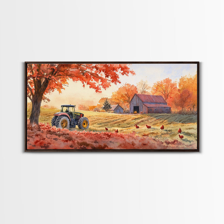 Tractor in Fall Field with Barn, Watercolor Wall Art, Farmhouse Autumn Decor, Framed Canvas Print, Home Decor, Above Sofa Art, Gift Idea