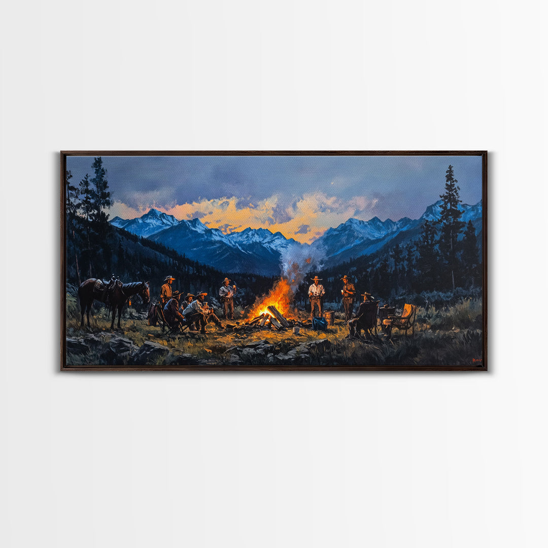 Framed Canvas Print Western Cowboys Campfire Evening Art Landscape Rustic Winter Mountain Home Decor Extra Large Wall Art Gift