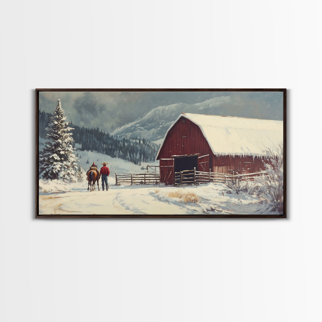 Winter On The Farm, Barn Painting, Framed Canvas Print, Primitive Farmhouse Decor, Christmas Decor, Winter Wonderland Rustic Winter Wall Art