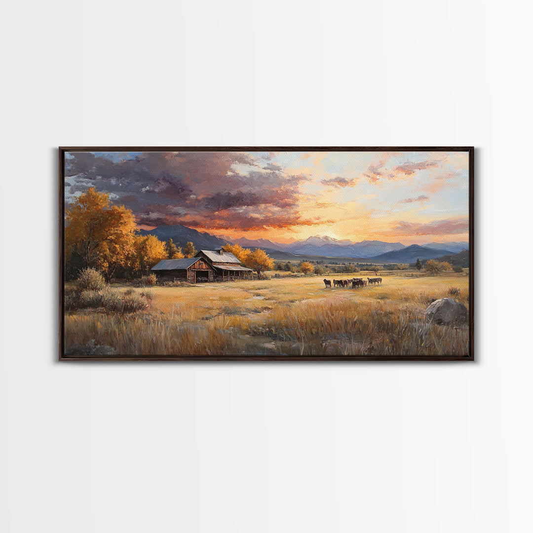 Sunset Ranch Framed Canvas Print Scenic Landscape Art Autumn Mountain Wall Decor Ideal Holiday and Fall Home Decor Extra Large Art