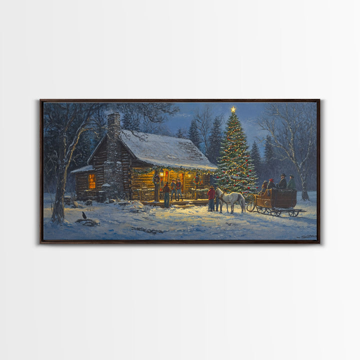 Winter Christmas Framed Canvas Print Cabin Christmas Tree Scene Wall Art Large Christmas Decor Perfect Rustic Holiday Wall Art