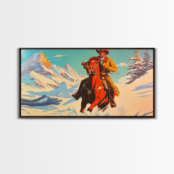 Cowboy in red jacket riding through snow-covered forest, Framed Canvas Print, vibrant winter wall art, rustic western decor