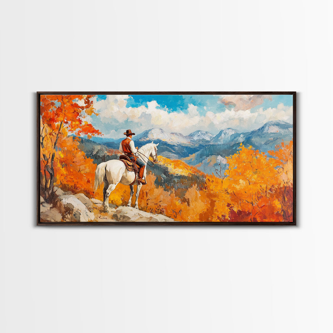 Cowboy on autumn swing, Framed Canvas Print, rustic Western art with vibrant fall, tall framed canvas print autumn decor farmhouse wall art