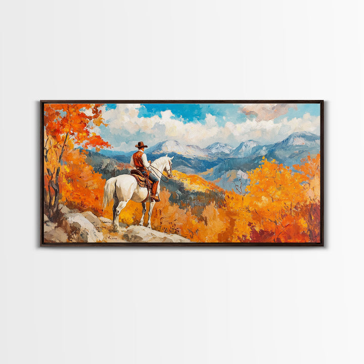 Cowboy on autumn swing, Framed Canvas Print, rustic Western art with vibrant fall, tall framed canvas print autumn decor farmhouse wall art