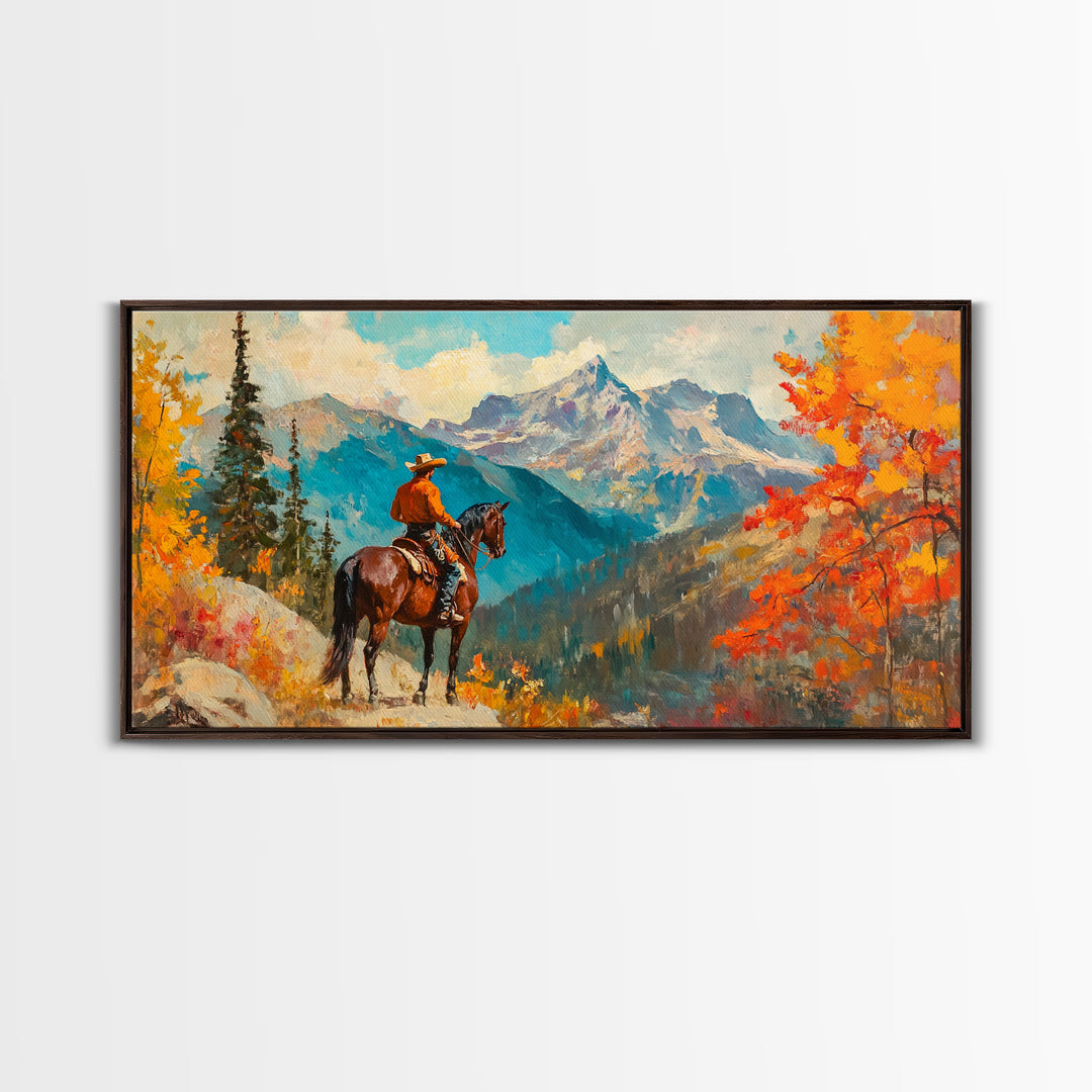 Female cowboy in fall forest, Framed Canvas Print, tall striking artwork rustic or modern farmhouse seasonal wall art