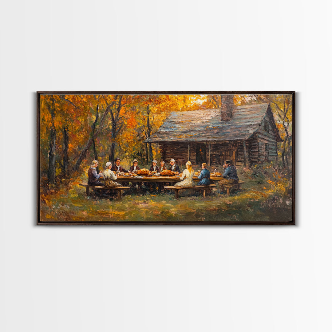 Thanksgiving Dinner With Family At Rustic Cabin, Cozy Fall Harvest Scene Wall Art, Warm Autumn Framed Canvas Print, Country Decor