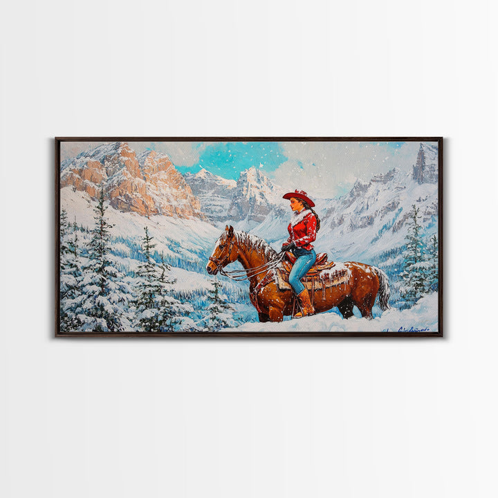 The Rider, Winter Cowgirl Framed Canvas Print, Farmhouse Western Decor, rustic winter wall art for holiday or seasonal decor