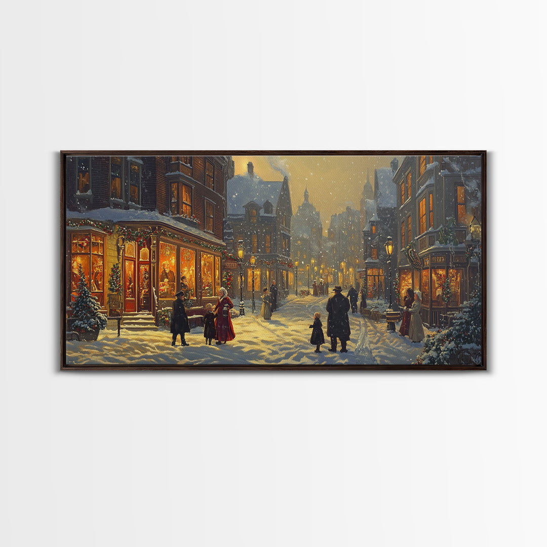 Victorian Christmas Street Scene With Families Shopping, Cozy Winter Wonderland Wall Art, Framed Canvas Print, Vintage Christmas Decor