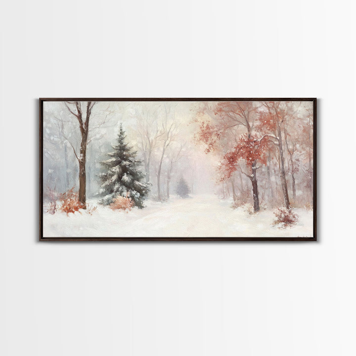 Winter In The Forest, Snowy Landscape Painting, Winter Art, Framed Canvas Print, nostalgic fall festival art for cozy seasonal home decor