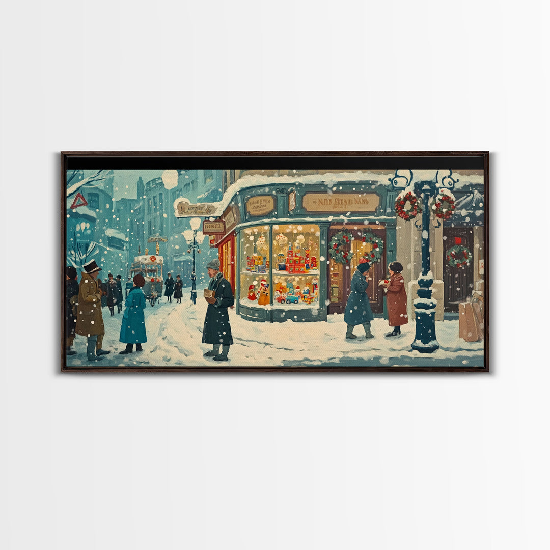 Vintage Christmas Street Framed Canvas Print, Victorian Christmas Decor, Winter Scene Art, Christmas Home Decor, Holiday Wall Art Gift