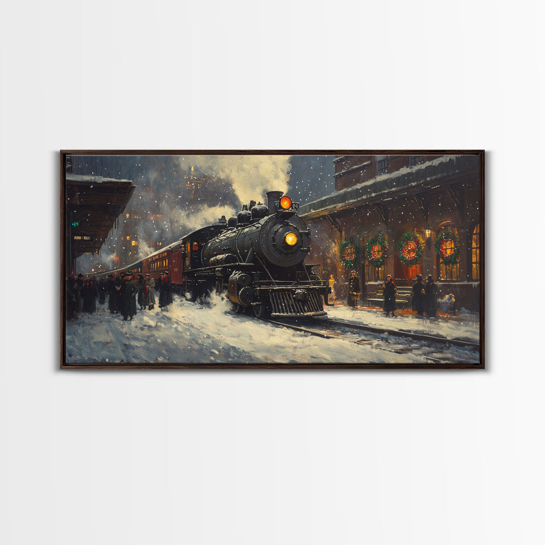 Winter Train Station Framed Canvas Print, Snowy Christmas Scene, Vintage Holiday Decor, Christmas Home Decor, Trendy Christmas Art