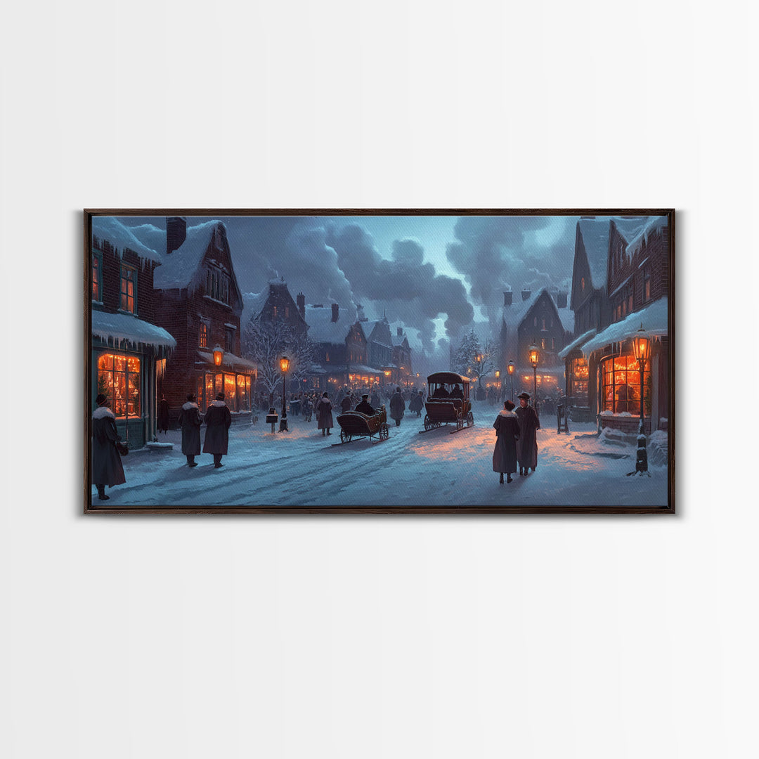 Victorian Winter Street Framed Canvas Print, Christmas Village Scene, Holiday Decor, Vintage Christmas Home Decor, Christmas Wall Art Gift