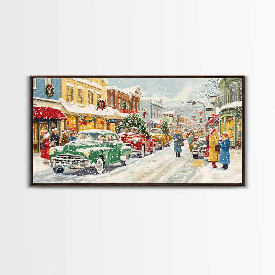 Festive Small Town Framed Canvas Print, Retro Christmas Village Scene, Vintage Christmas Decor, Christmas Vacation Art, Holiday Wall Art