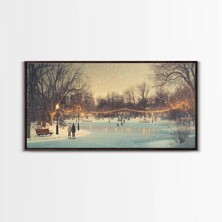 Snowy Ice Skating Framed Canvas Print, Winter Wonderland Scene Art, Vintage Christmas Decor, Christmas Vacation Art, Best Holiday Wall Art