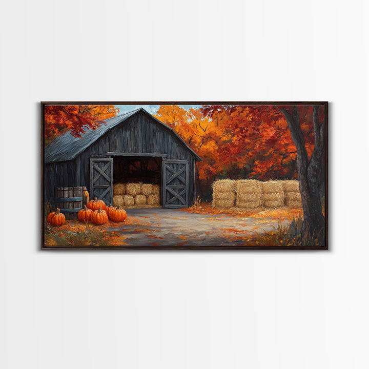 Fall Barnyard with Pumpkins Framed Canvas Print Farmhouse Decor, Fall Art Print, Rustic Home Decor, Seasonal Gift Wall Art