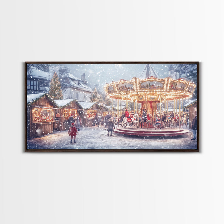 Festive Christmas Carousel Framed Canvas Print - Vintage Christmas Wall Art and Holiday Scene Decor with Christmas Characters