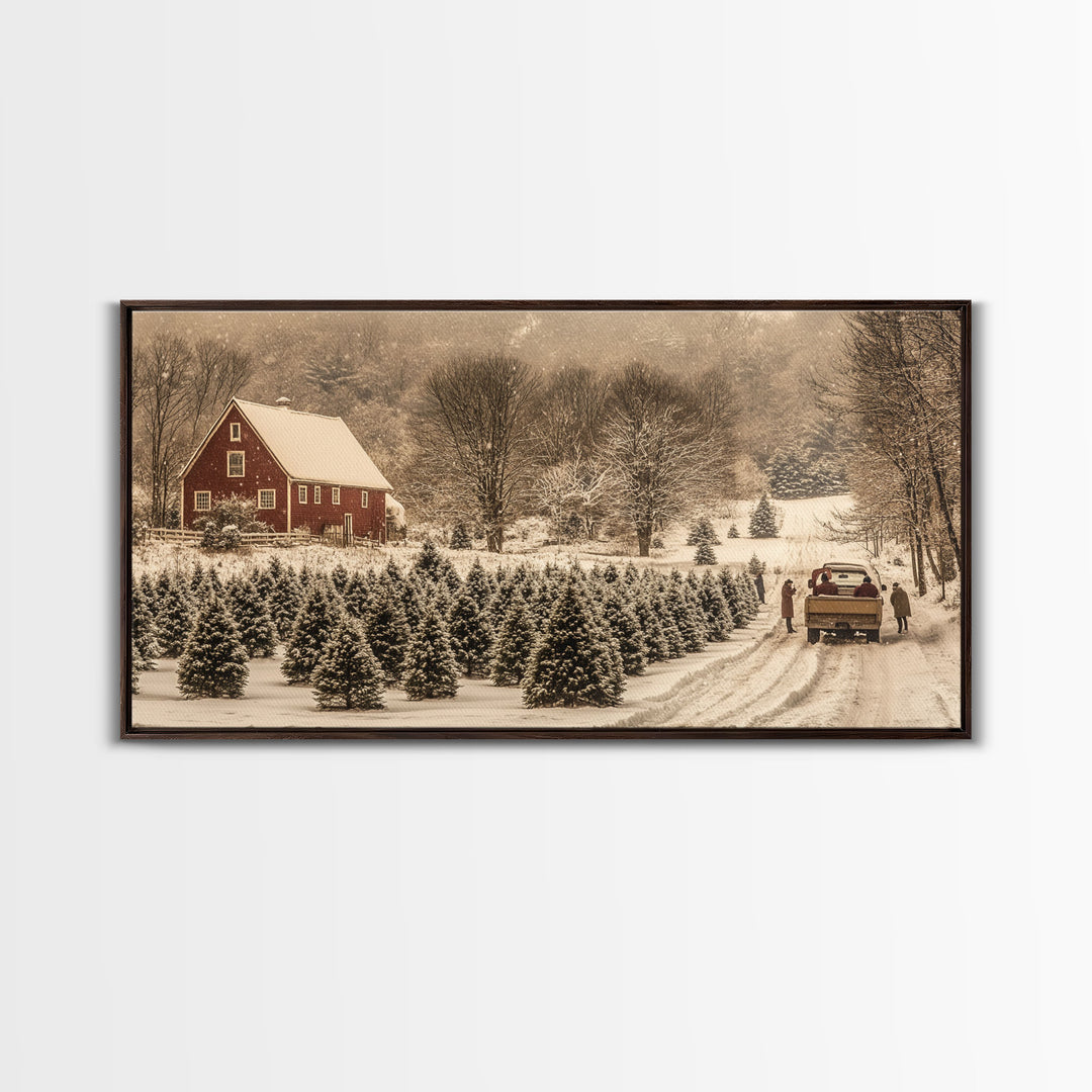 Snowy Farmhouse Christmas Tree Framed Canvas Print - Country Christmas Decor with Rustic Vintage Charm and Holiday Wall Art