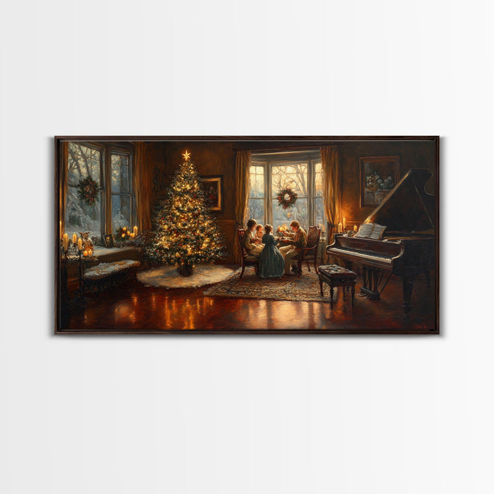 Family Gathering by Christmas Tree Framed Canvas Print - Warm Christmas Home Decor with Vintage Charm and Classic Holiday Wall Art