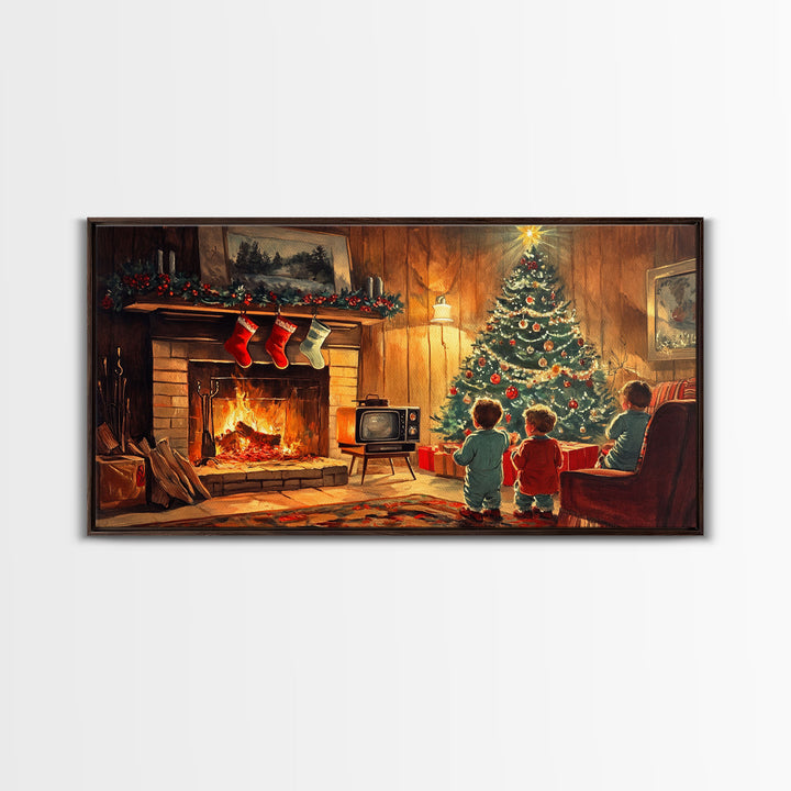 Vintage Christmas living room scene with fireplace and children, 2024 Christmas home decor, framed canvas print, vintage Christmas wall art