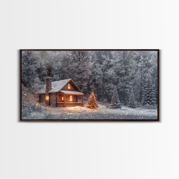 Winter cabin with Christmas tree outdoor decor, snowy landscape art, framed canvas print, winter wonderland wall art, holiday decor