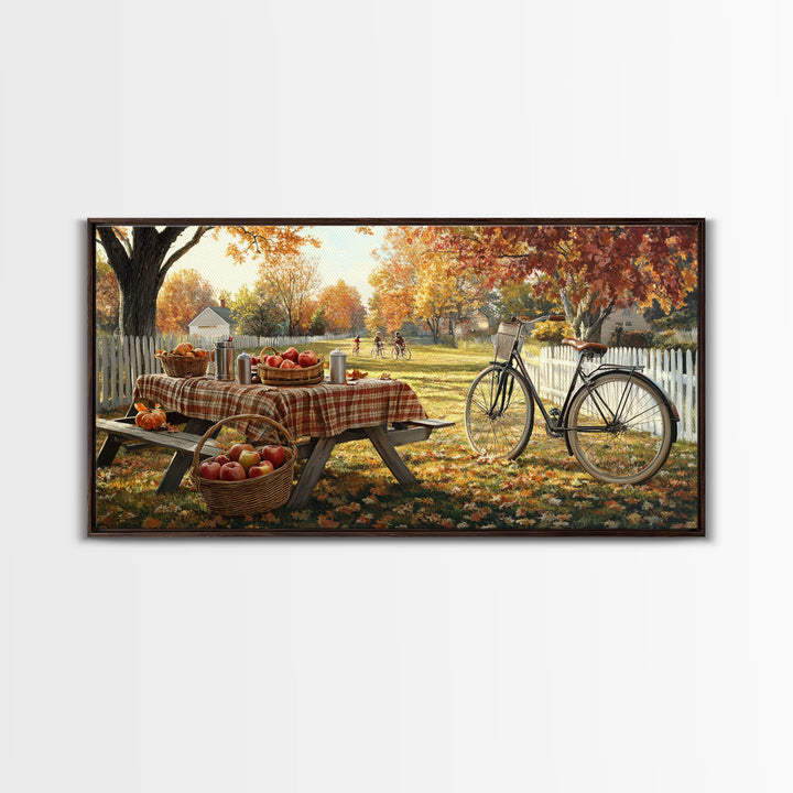 Autumn picnic with apples and plaid tablecloth, fall farmhouse decor, canvas print, country autumn art, autumn wall decor