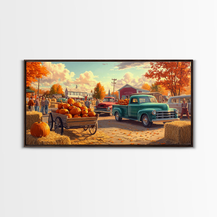 Fall pumpkin harvest with vintage trucks, country autumn decor, canvas print, fall farmhouse wall art, seasonal decor