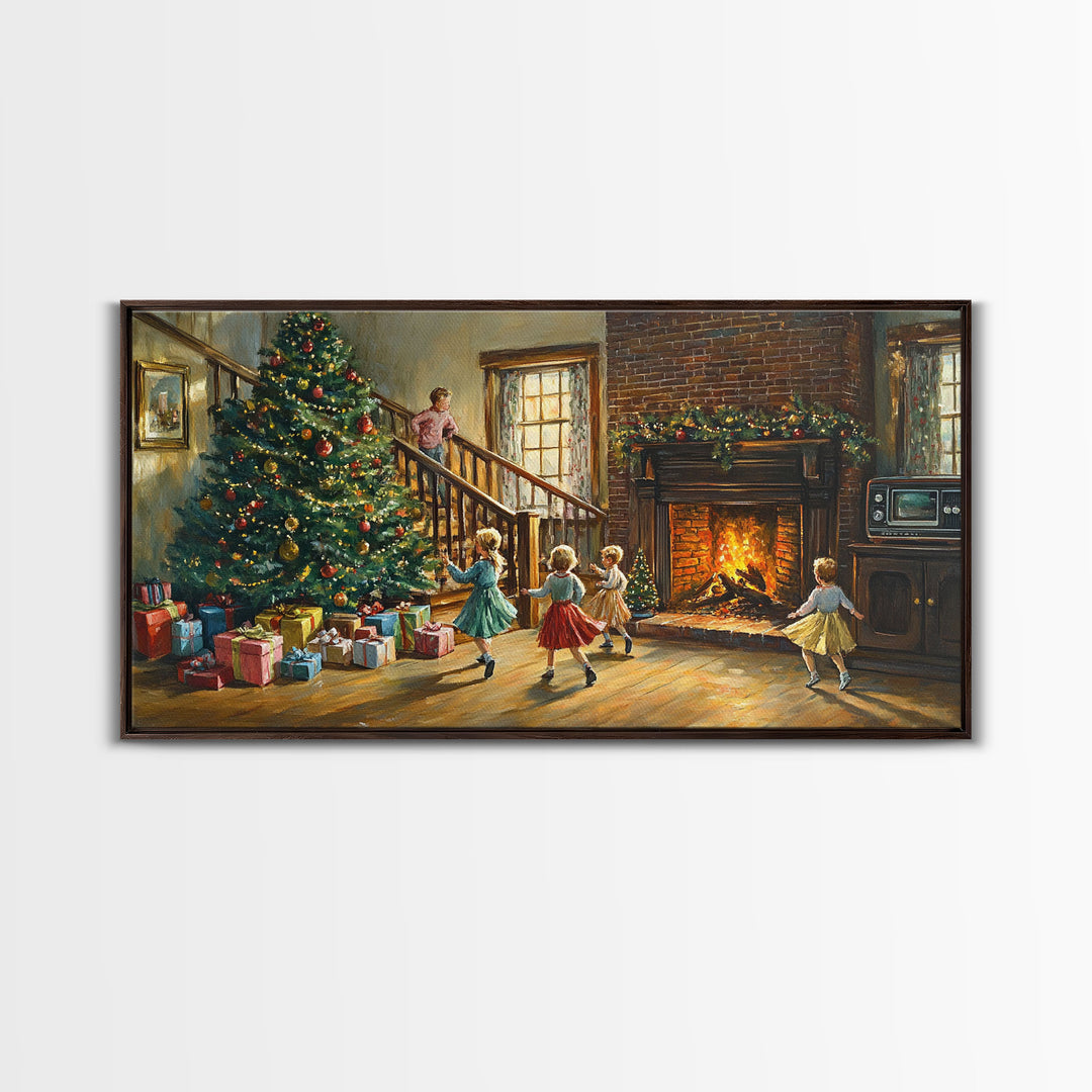 Vintage Christmas living room with fireplace and tree, children and presents, framed canvas print, Christmas decor, holiday wall art