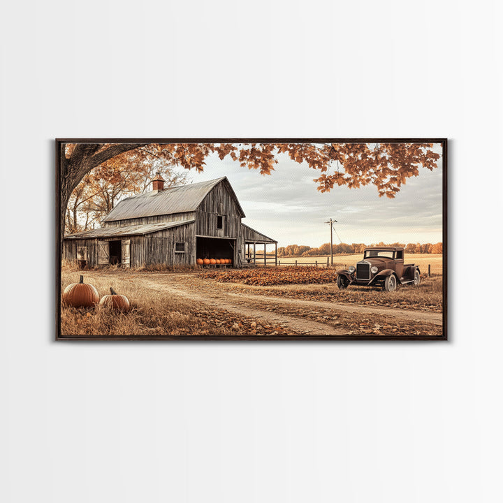 Farmhouse Autumn Decor Framed Canvas Print with Rustic Truck and Barn, Fall Country Art Wall Decor, Pumpkin Harvest Gift Idea Seasonal Decor