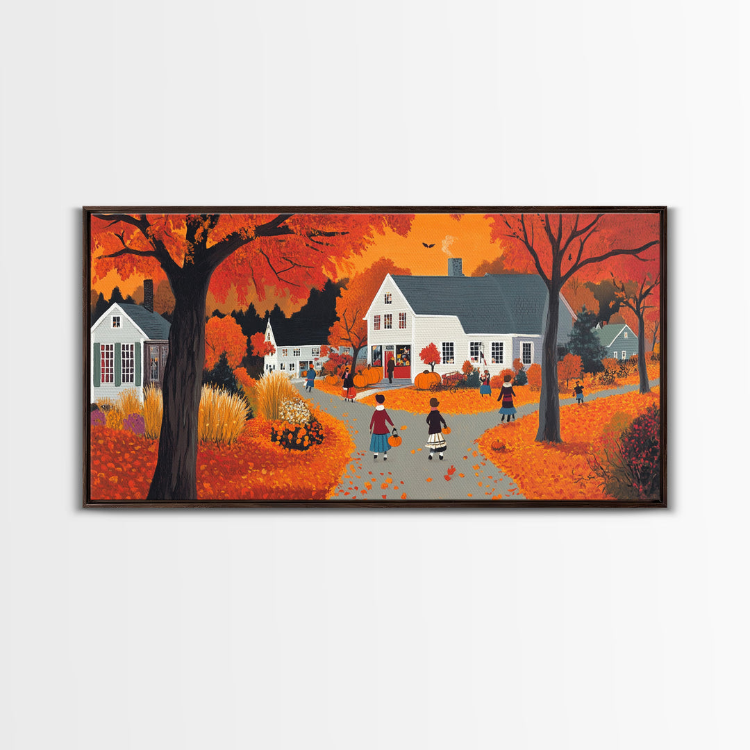 Autumn Vintage Village Canvas Print with Fall Foliage, Seasonal Farmhouse Art, Framed Wall Decor Gift, Best Gift Idea