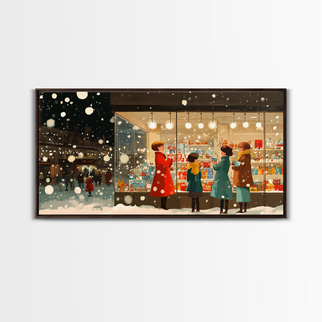 Christmas Window Shopping Scene Framed Canvas Print, Nostalgic Winter Holiday Wall Art Decor, Best Christmas Gift Idea, City Christmas Decor