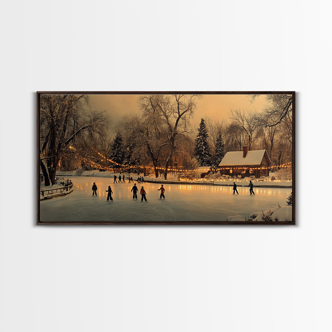 Winter Wonderland Ice Skating Framed Canvas Print, Rustic Christmas Art, Holiday Scene Wall Decor, Best Christmas Gift, Winter Landscape Art