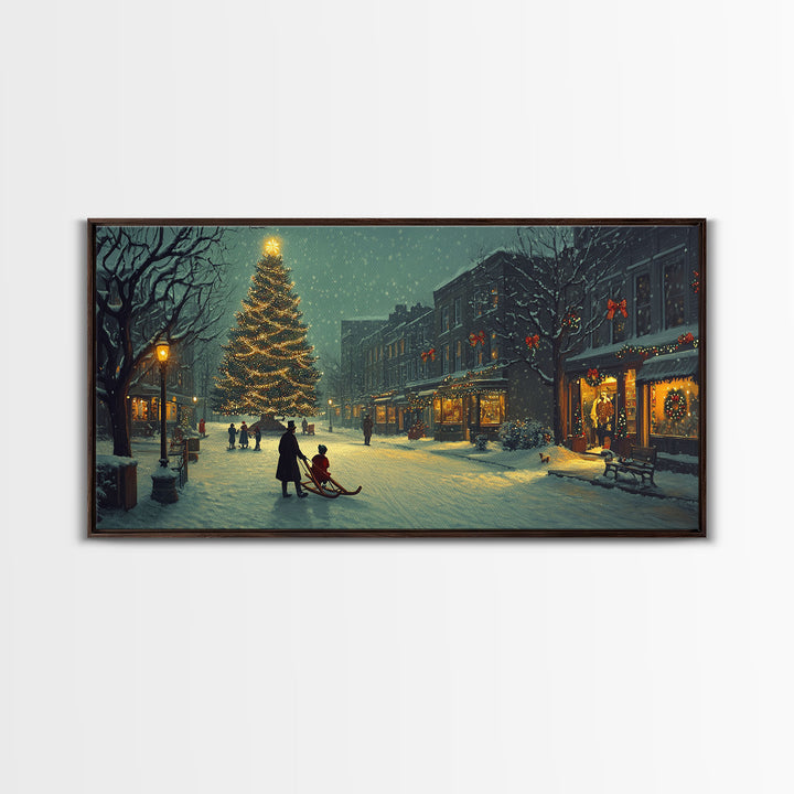 Christmas Village Tree Lighting Framed Canvas Print, Nostalgic Winter Holiday Art, Vintage Wall Art Scene, Best Gift Idea Christmas Decor