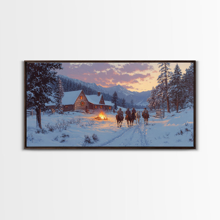 Cowboys and Log Cabin Winter Christmas Framed Canvas Print, Rustic Mountain Holiday Scene Art, Best Christmas Gift Idea, Winter Decor