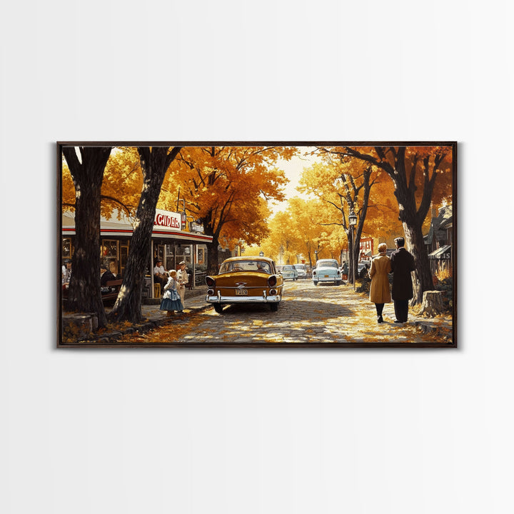 Retro Autumn Village Scene Framed Canvas Print, Cozy Fall Farmhouse Wall Art, Decor Gift Idea, Vintage Country Town Art, Best Fall Gift