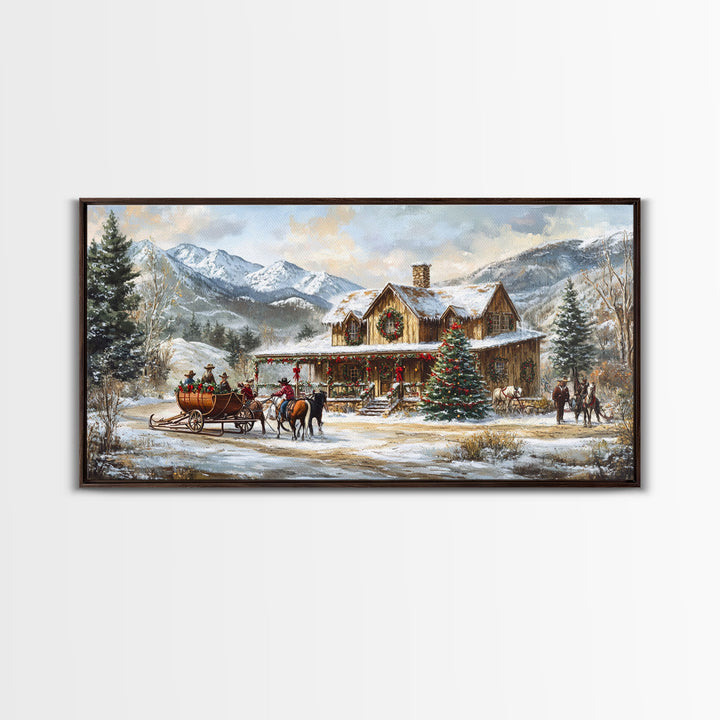 Mountain Log Cabin Christmas Framed Canvas Print, Rustic Holiday Winter Scene, Best Gift Christmas Wall Art, Vintage Holiday Decor Ideas