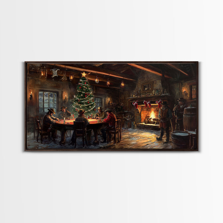 Rustic Cowboy Christmas Framed Canvas Print with Holiday Tree, Vintage Christmas Scene Art, Cozy Farmhouse Holiday Decor Gift Idea